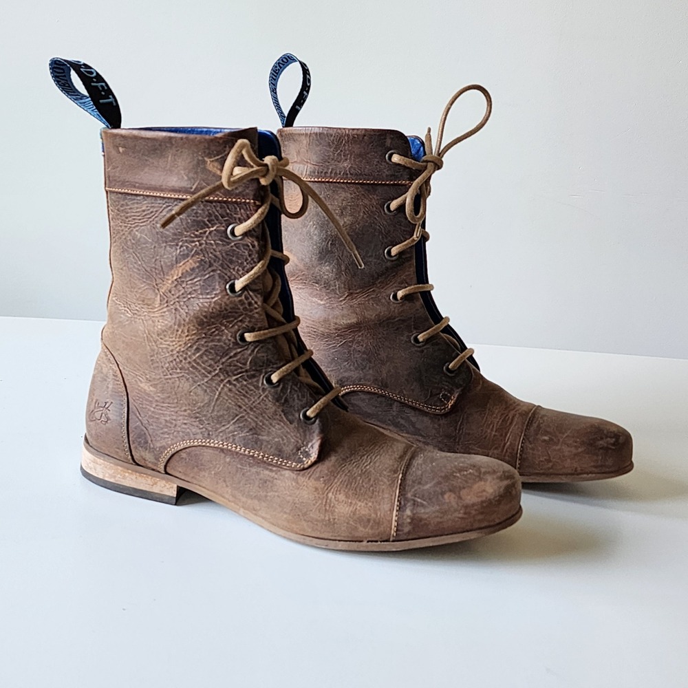 John Fluevog Radio BBC Lace Up Boots Mens 8 Brown Leather Cap Toe Combat Utility